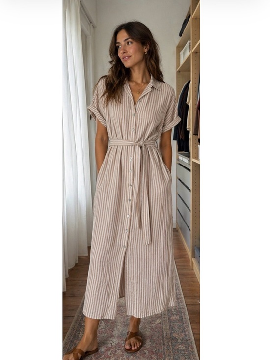 Mango Dresses & Skirts - Mango Striped Maxi Shirt Dress in Beige and White